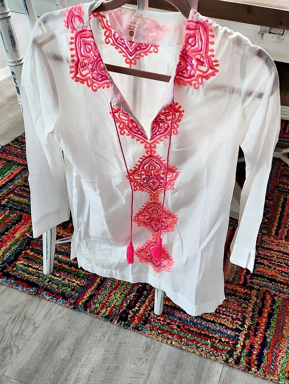 Lilly Pulitzer Kaydence Tunic White & Pink Embroidered XS
